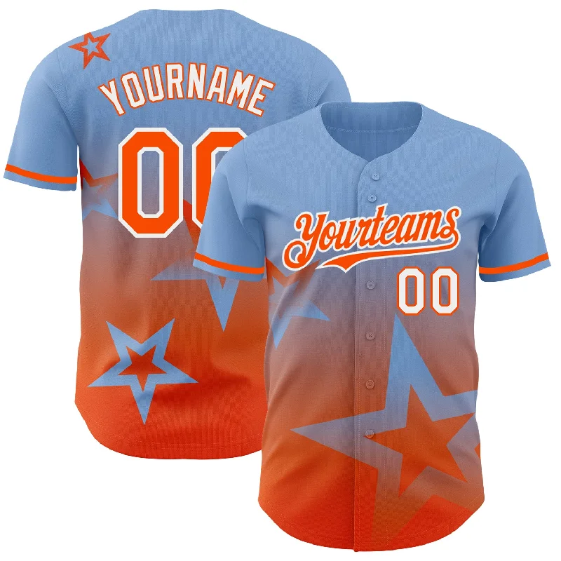 Baseball Jersey for Maximum Performance and Protection-Custom Light Blue Orange-White 3D Pattern Design Gradient Style Twinkle Star Authentic Baseball Jersey