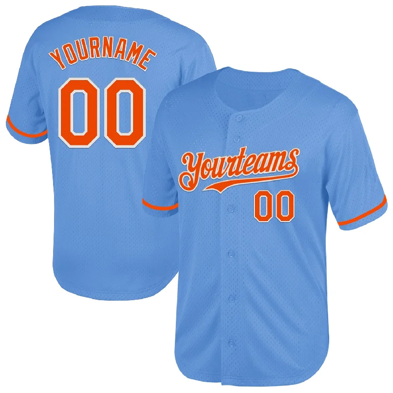 Baseball Jersey with Breathable Fabric-Custom Light Blue Orange-White Mesh Authentic Throwback Baseball Jersey