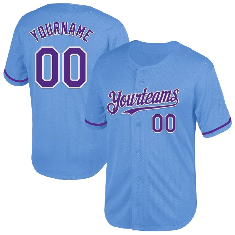 Baseball Jersey with Reinforced Seams for Extra Durability-Custom Light Blue Purple-White Mesh Authentic Throwback Baseball Jersey