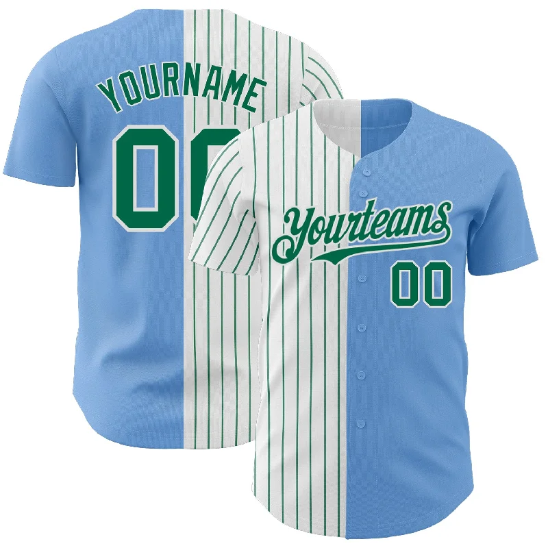 Baseball Jersey for All-Day Comfort-Custom Light Blue White-Kelly Green Pinstripe Authentic Split Fashion Baseball Jersey