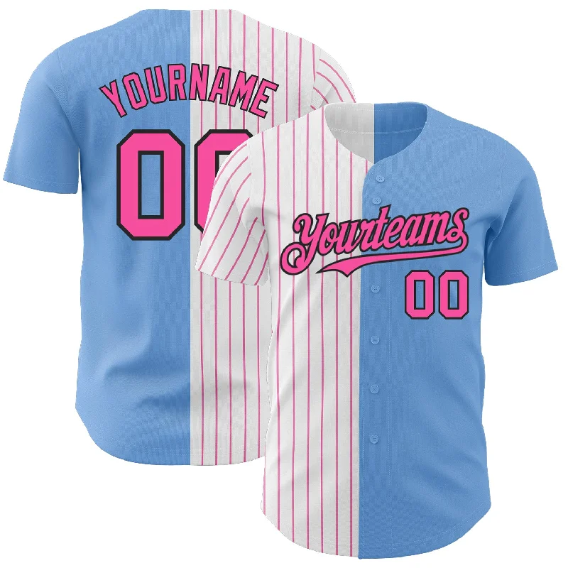 Baseball Jersey for Maximum Swing Freedom-Custom Light Blue Black-Pink Pinstripe Authentic Split Fashion Baseball Jersey