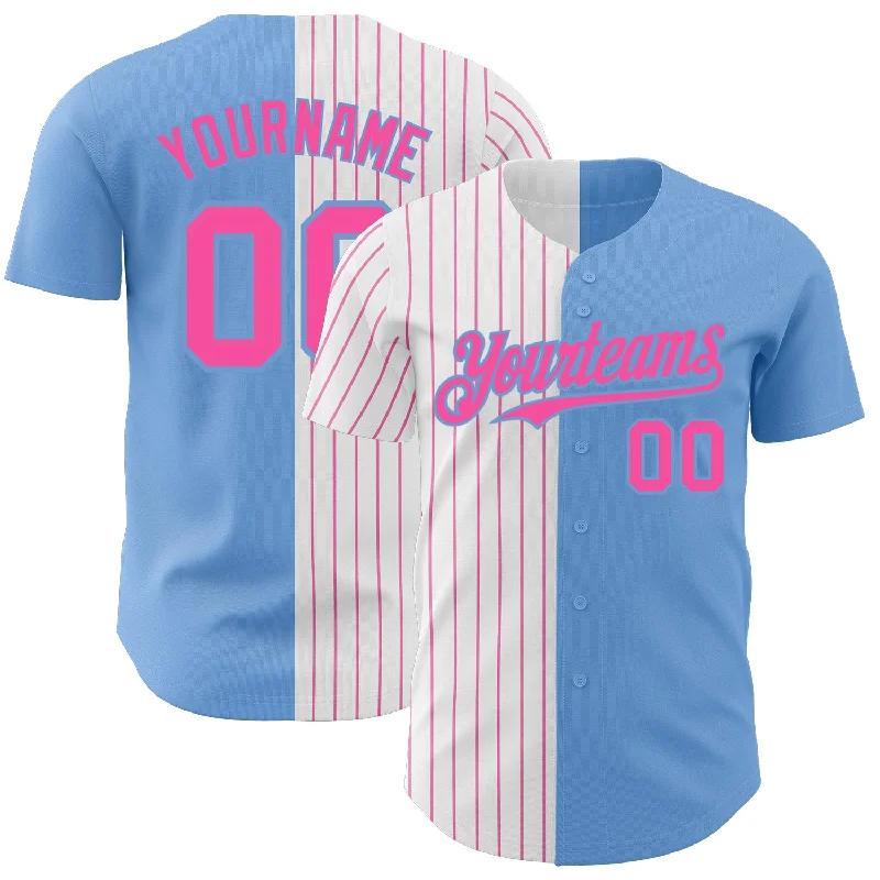 Baseball Jersey for All Ages and Sizes-Custom Light Blue White-Pink Pinstripe Authentic Split Fashion Baseball Jersey