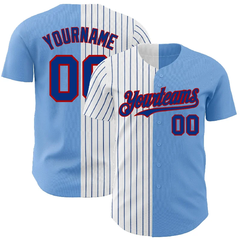 Custom Light Blue Red-Royal Pinstripe Authentic Split Fashion Baseball Jersey