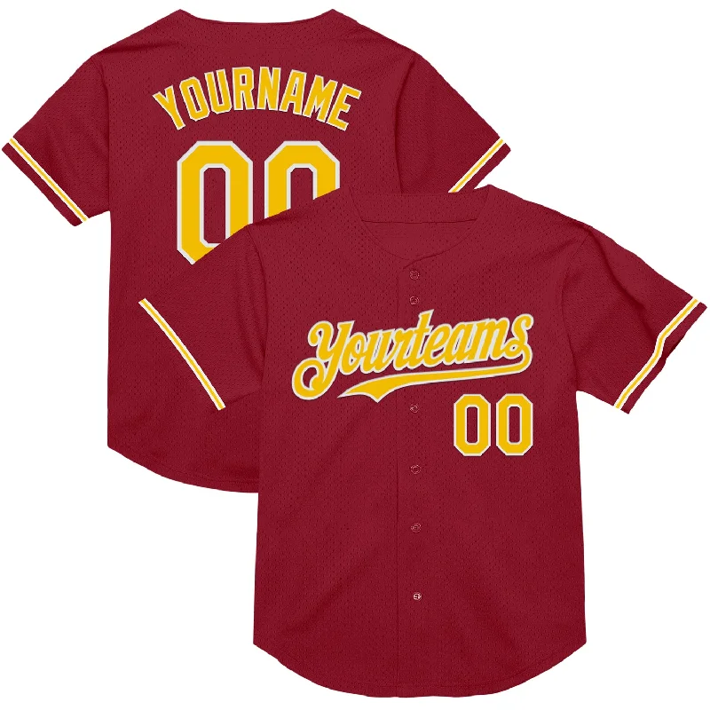 Baseball Jersey for Breathable Fabric and Soft Fit-Custom Maroon Yellow-White Mesh Authentic Throwback Baseball Jersey