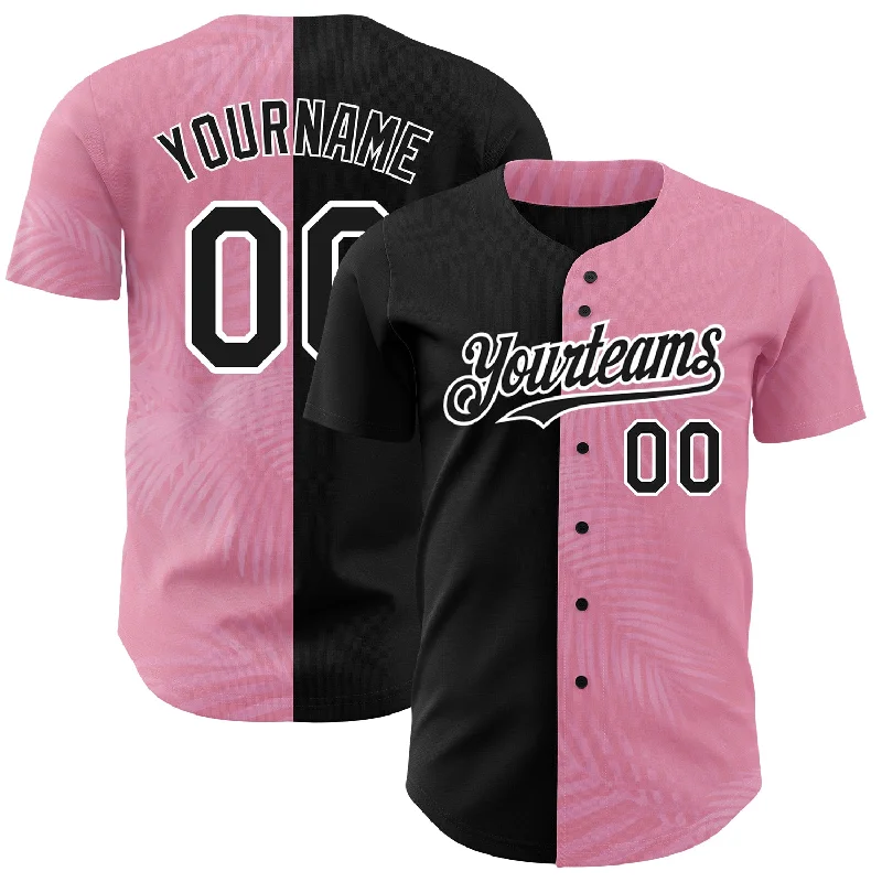 Baseball Jersey for Durable Performance in Tough Games-Custom Medium Pink Black-White 3D Pattern Design Tropical Hawaii Palm Leaves Authentic Baseball Jersey