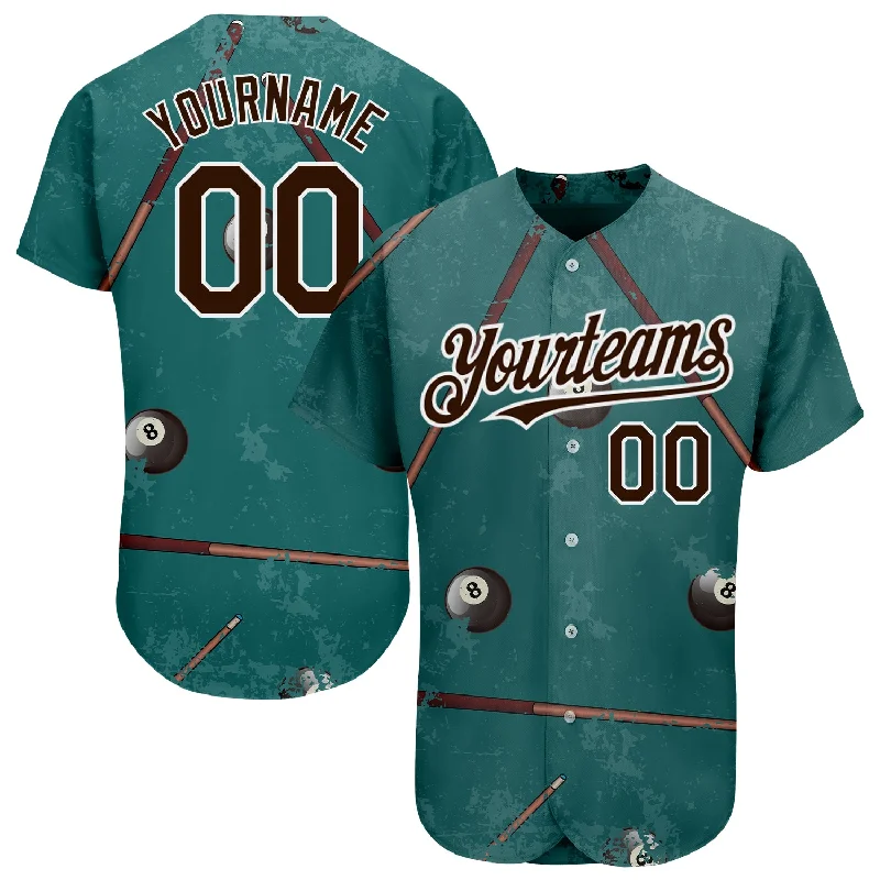 Baseball Jersey for Professional Look and Feel-Custom Midnight Green Brown-White 3D Pattern Design Billiards Snooker 8 Ball Authentic Baseball Jersey