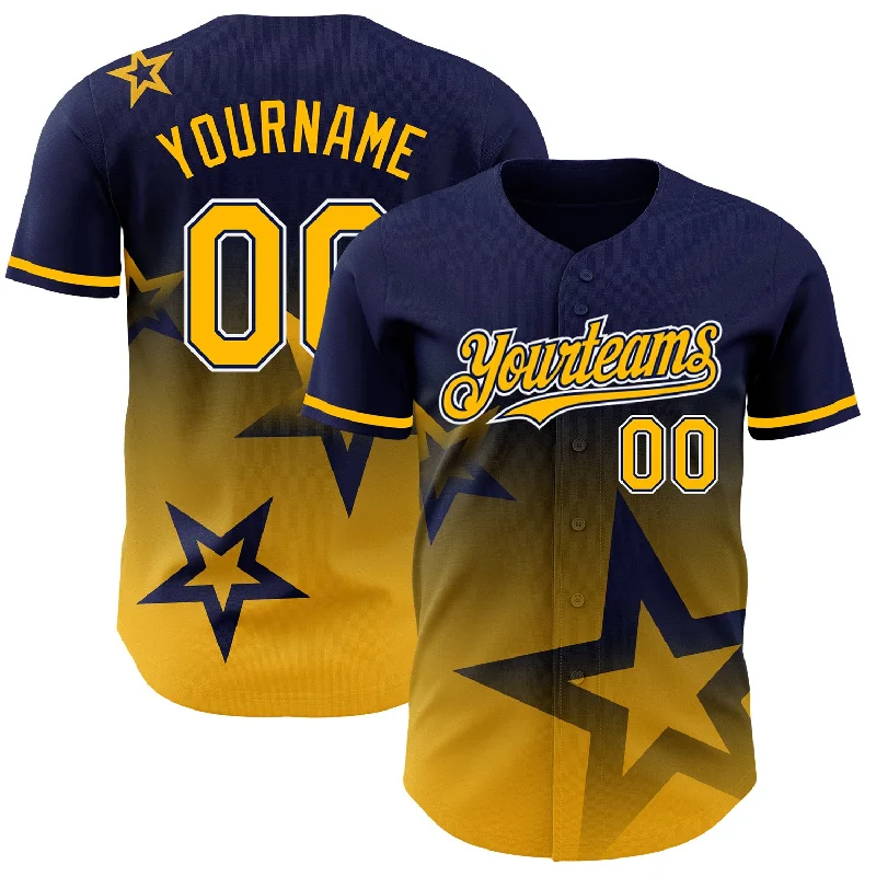 Baseball Jersey for Professional-Grade Quality-Custom Navy Gold-White 3D Pattern Design Gradient Style Twinkle Star Authentic Baseball Jersey