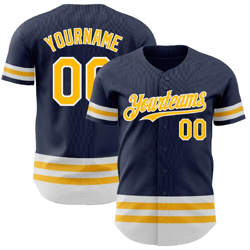 Baseball Jersey with Stretch Panels for Flexibility-Custom Navy Gold-White Line Authentic Baseball Jersey