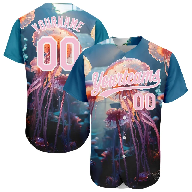 Baseball Jersey for Softball and Baseball Teams-Custom Navy Light Pink-White 3D Pattern Design Jellyfish Floating In The Ocean Authentic Baseball Jersey