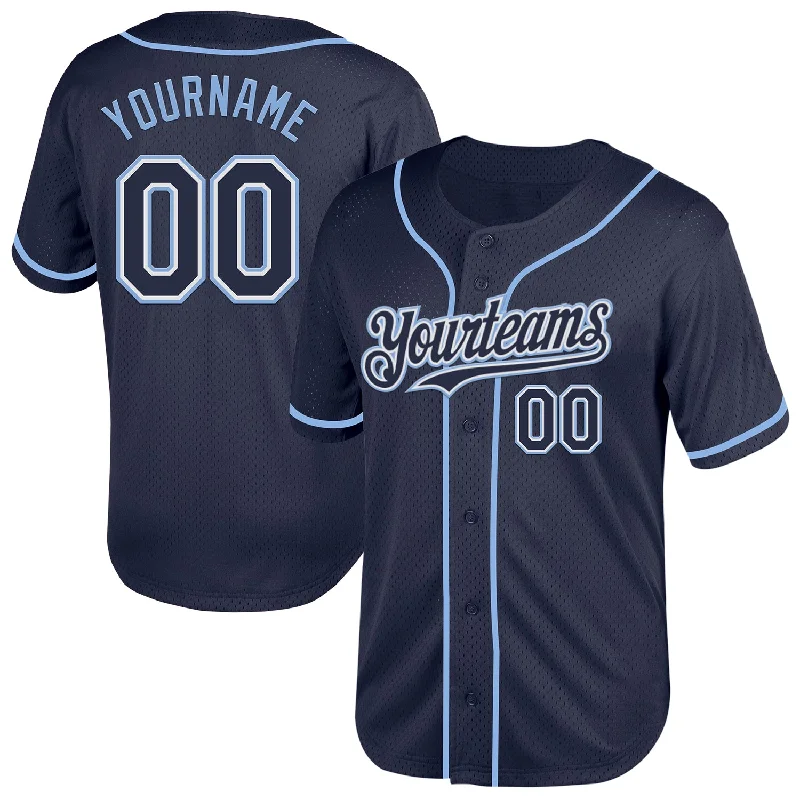 Baseball Jersey for Soft Feel and Flexible Play-Custom Navy White-Light Blue Mesh Authentic Throwback Baseball Jersey