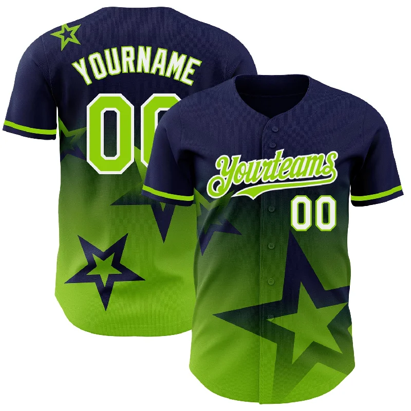 Baseball Jersey with High-Quality Materials for Durability-Custom Navy Neon Green-White 3D Pattern Design Gradient Style Twinkle Star Authentic Baseball Jersey