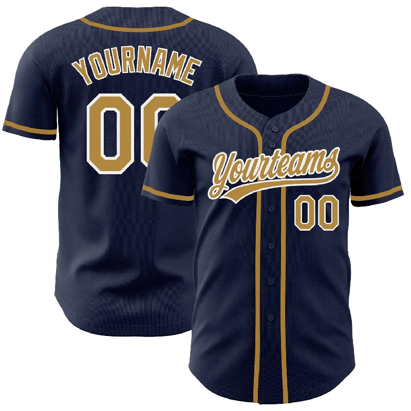 Baseball Jersey with Breathable Panels for Cooling-Custom Navy Old Gold-White Authentic Baseball Jersey