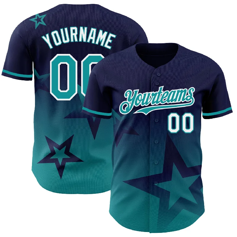 Baseball Jersey for Pro-Level Performance and Style-Custom Navy Teal-White 3D Pattern Design Gradient Style Twinkle Star Authentic Baseball Jersey