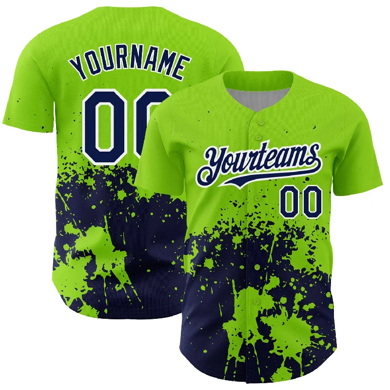 Baseball Jersey for Optimal Agility and Comfort-Custom Neon Green Navy-White 3D Pattern Design Abstract Splash Grunge Art Authentic Baseball Jersey