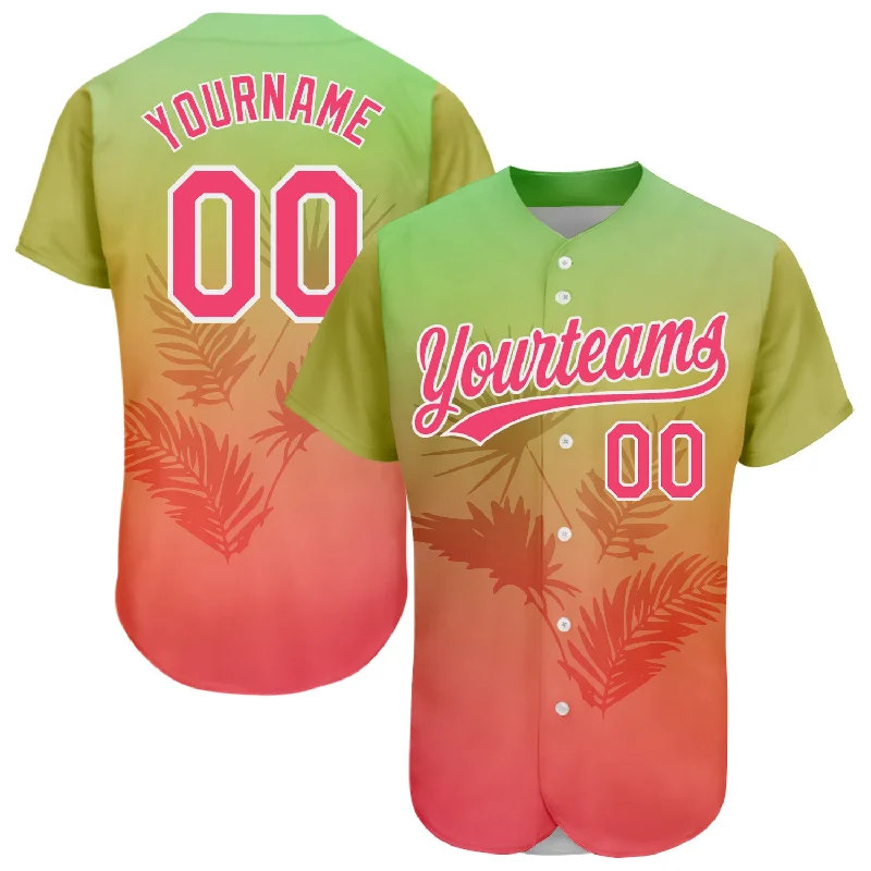 Baseball Jersey for Soft and Breathable Fit-Custom Neon Green Neon Pink-White 3D Pattern Design Hawaii Palm Leaves Authentic Baseball Jersey