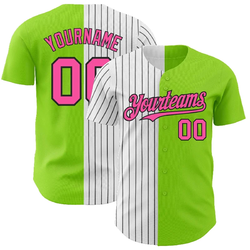 Baseball Jersey for Durable Play and Maximum Comfort-Custom Neon Green Pink-Black Pinstripe Authentic Split Fashion Baseball Jersey