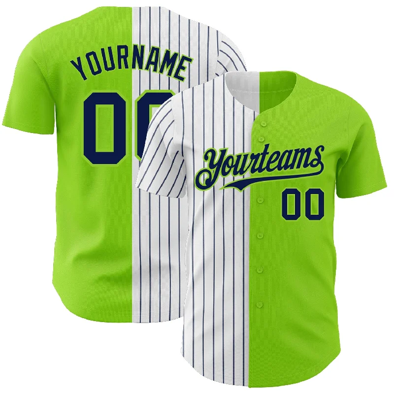 Baseball Jersey for Comfort and Performance in High Temperatures-Custom Neon Green White-Navy Pinstripe Authentic Split Fashion Baseball Jersey