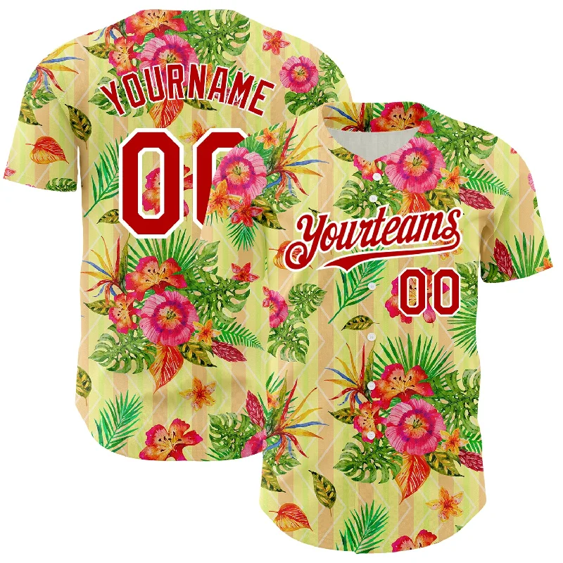 Baseball Jersey for Superior Comfort and Performance-Custom Neon Yellow Red-White 3D Pattern Design Tropical Flower And Hawaii Palm Leaves Authentic Baseball Jersey