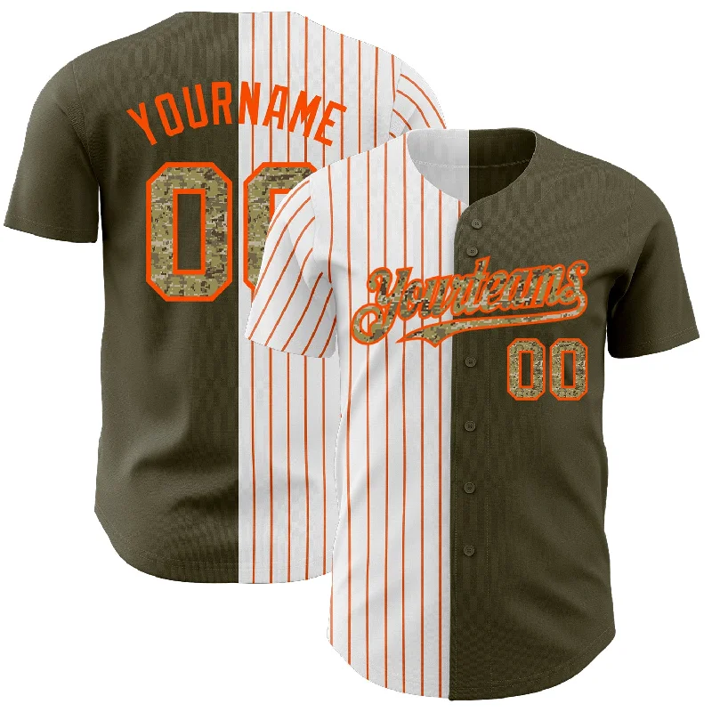 Baseball Jersey for Maximum Comfort and Freedom of Movement-Custom Olive Camo-Orange Pinstripe Authentic Split Fashion Salute To Service Baseball Jersey