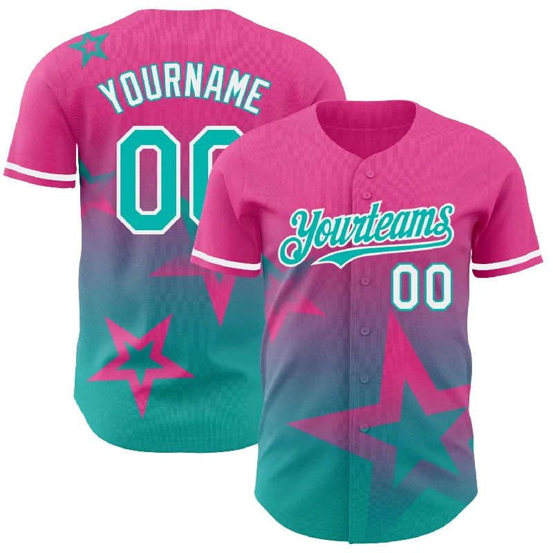 Baseball Jersey for Superior Comfort and Performance-Custom Pink Aqua-White 3D Pattern Design Gradient Style Twinkle Star Authentic Baseball Jersey