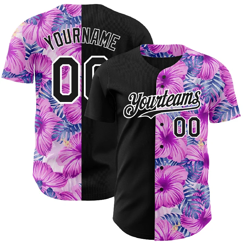 Baseball Jersey for Comfortable Play All Day-Custom Pink Black-White 3D Pattern Design Tropical Flower And Hawaii Palm Leaves Authentic Baseball Jersey