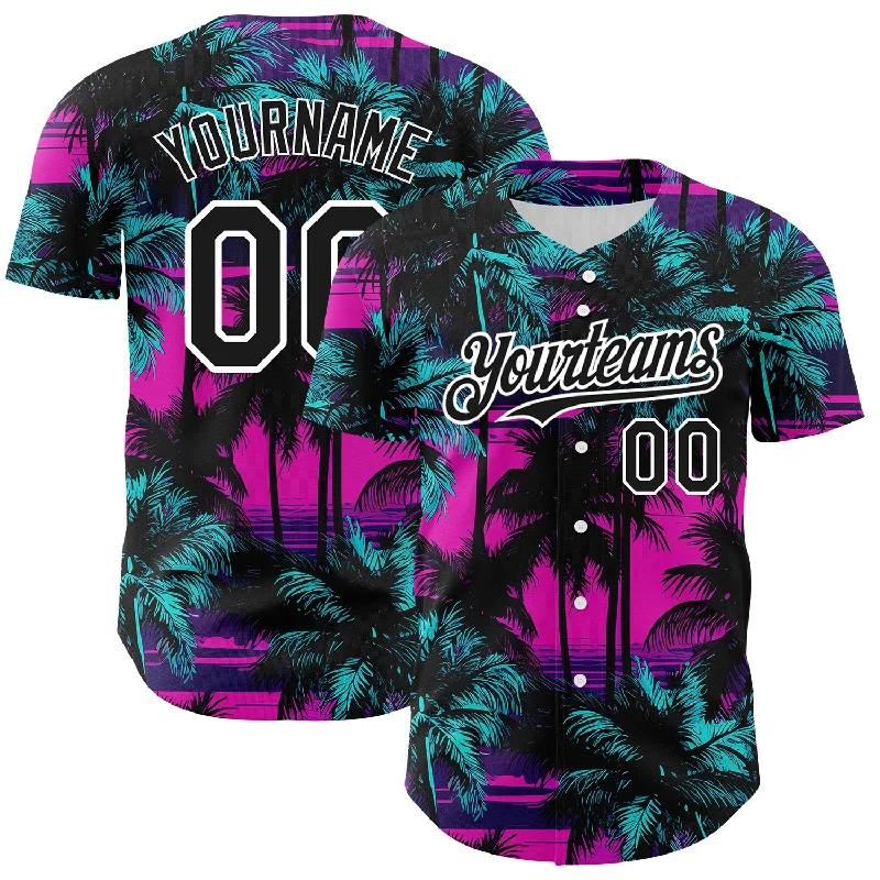 Baseball Jersey for Better Fit and Movement on the Field-Custom Pink Black-White 3D Pattern Design Beach Hawaii Palm Trees Authentic Baseball Jersey