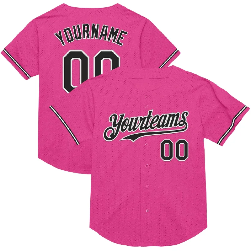 Baseball Jersey for Comfortable Fit During Batting-Custom Pink Black-White Mesh Authentic Throwback Baseball Jersey