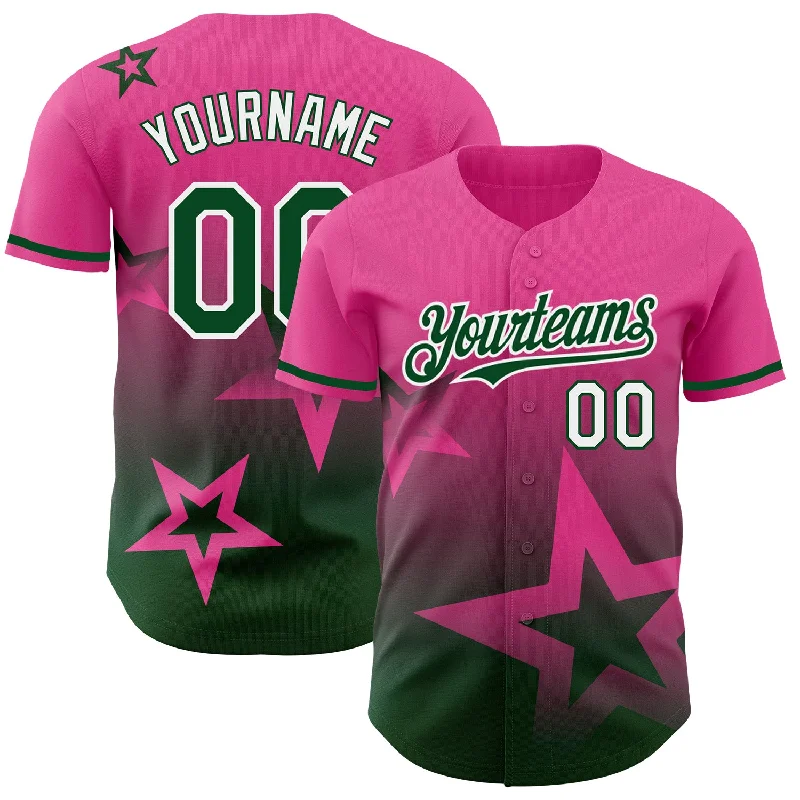 Baseball Jersey with Durable Outer Layer for Protection-Custom Pink Green-White 3D Pattern Design Gradient Style Twinkle Star Authentic Baseball Jersey