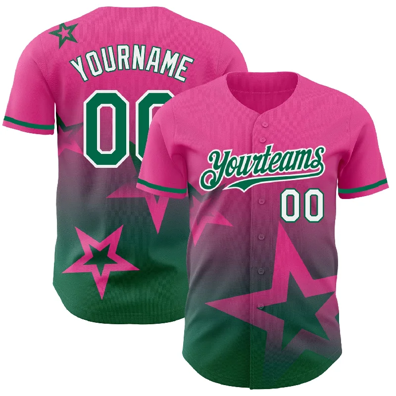 Baseball Jersey for Optimal Comfort in Tournaments-Custom Pink Kelly Green-White 3D Pattern Design Gradient Style Twinkle Star Authentic Baseball Jersey