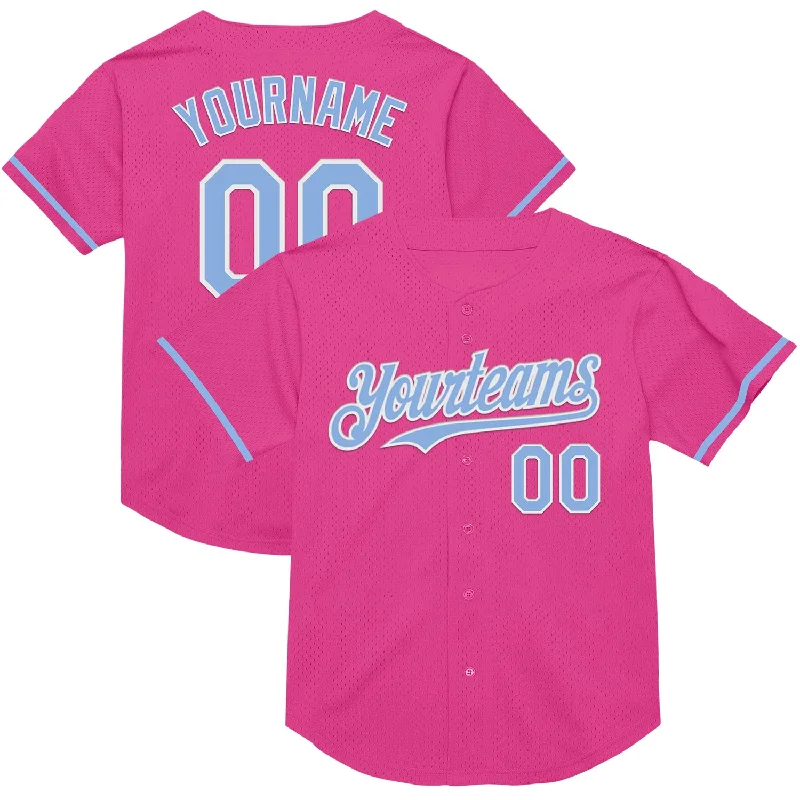 Baseball Jersey for Durable Performance in Tough Games-Custom Pink Light Blue-White Mesh Authentic Throwback Baseball Jersey