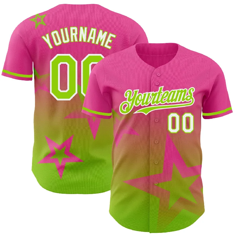 Baseball Jersey with Stretchable Fabric for Comfort-Custom Pink Neon Green-White 3D Pattern Design Gradient Style Twinkle Star Authentic Baseball Jersey