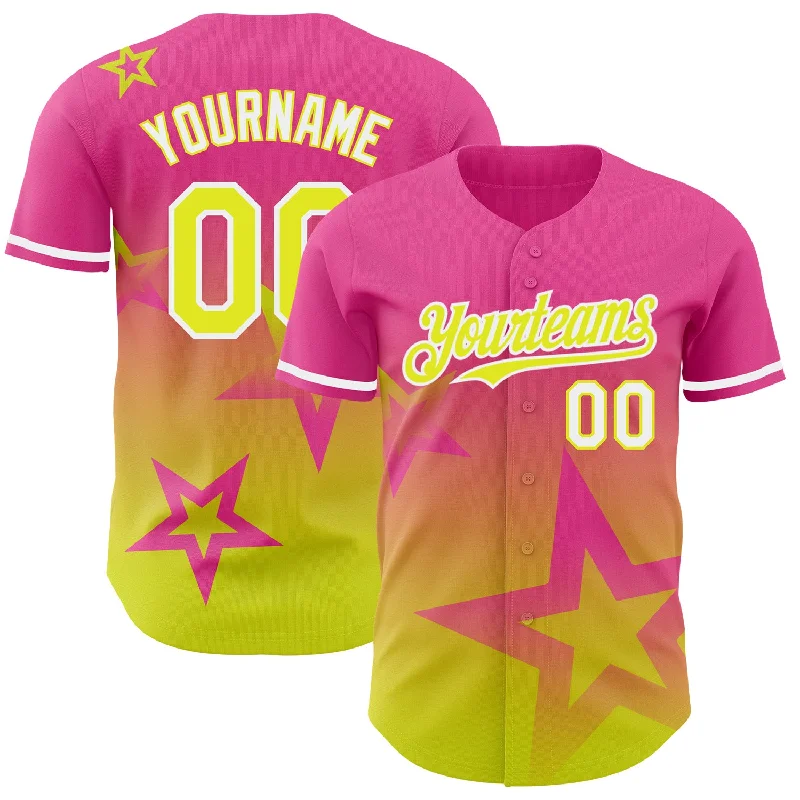 Baseball Jersey for Outdoor and Indoor Games-Custom Pink Neon Yellow-White 3D Pattern Design Gradient Style Twinkle Star Authentic Baseball Jersey