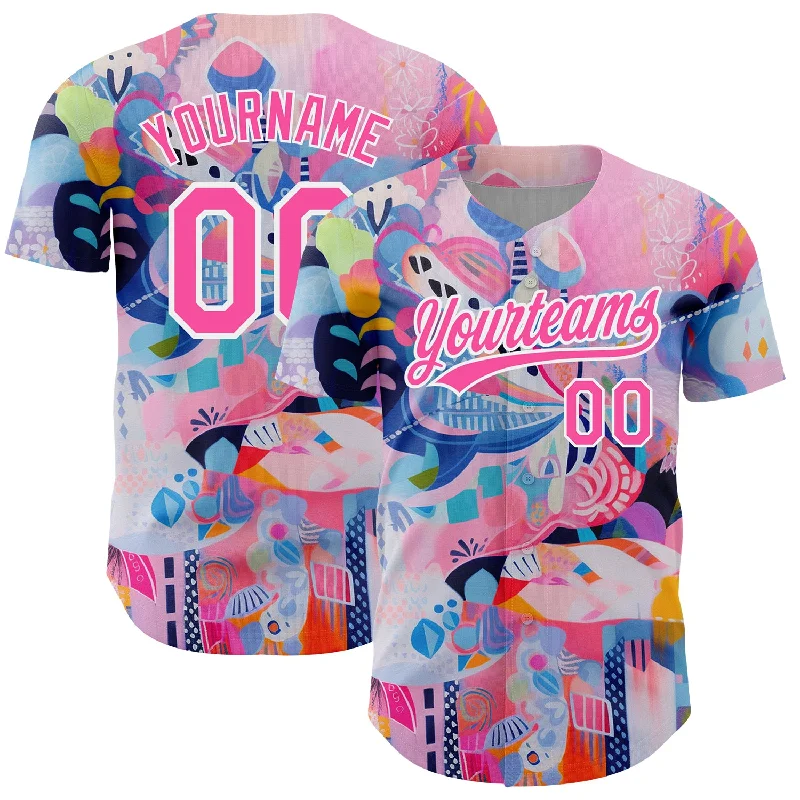 Baseball Jersey for Comfortable Fit and Look-Custom Pink White 3D Pattern Design Abstract Painting Authentic Baseball Jersey