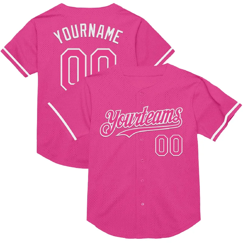 Baseball Jersey for Professional-Quality Fabric and Design-Custom Pink White Mesh Authentic Throwback Baseball Jersey