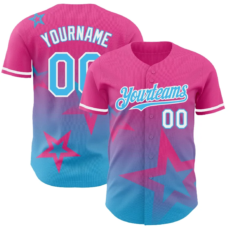 Baseball Jersey for Maximum Fit and Flexibility-Custom Pink Sky Blue-White 3D Pattern Design Gradient Style Twinkle Star Authentic Baseball Jersey