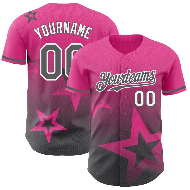 Baseball Jersey for Training and Play Comfort-Custom Pink Steel Gray-White 3D Pattern Design Gradient Style Twinkle Star Authentic Baseball Jersey