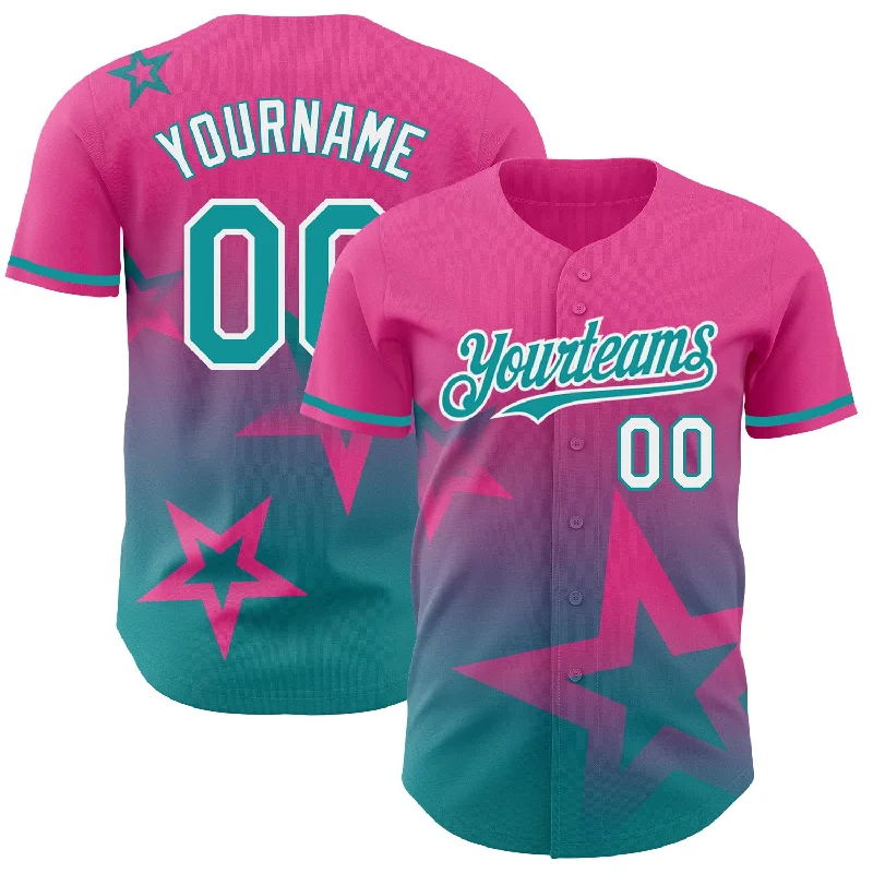 Baseball Jersey for Warm-Weather Play-Custom Pink Teal-White 3D Pattern Design Gradient Style Twinkle Star Authentic Baseball Jersey