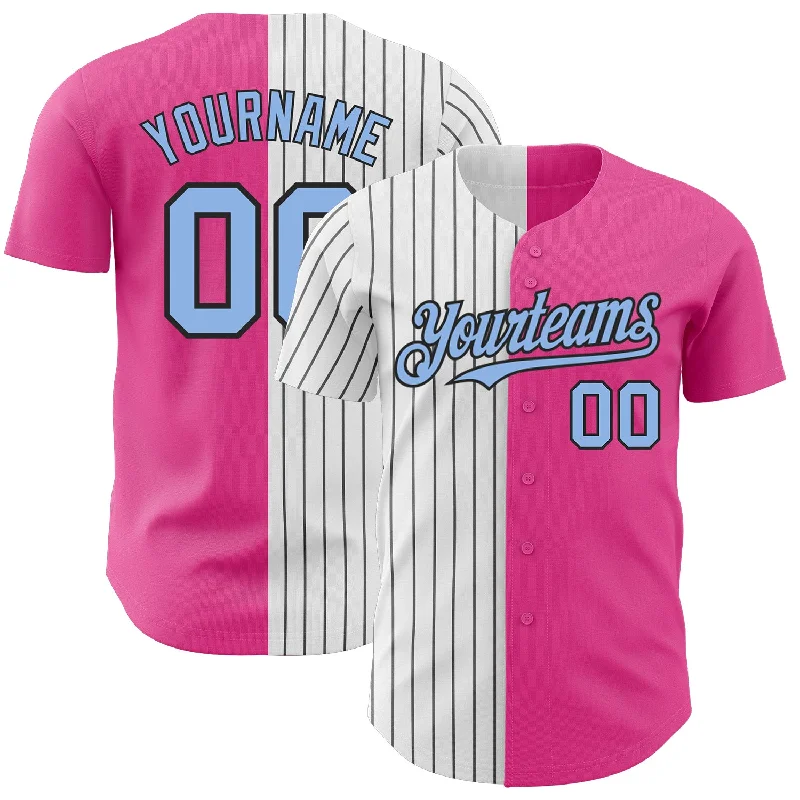 Baseball Jersey with Performance Technology for Comfort-Custom Pink Light Blue-Black Pinstripe Authentic Split Fashion Baseball Jersey