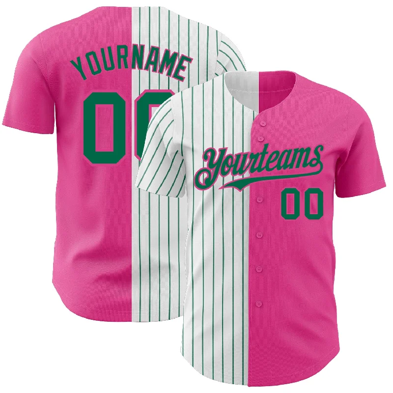 Baseball Jersey with Adjustable Fit and Breathability-Custom Pink White-Kelly Green Pinstripe Authentic Split Fashion Baseball Jersey