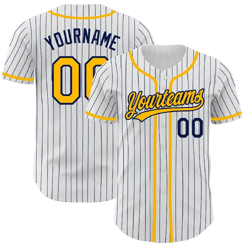 Baseball Jersey with Elastic Fit for Easy Movement-Custom White Navy Pinstripe Gold Authentic Baseball Jersey