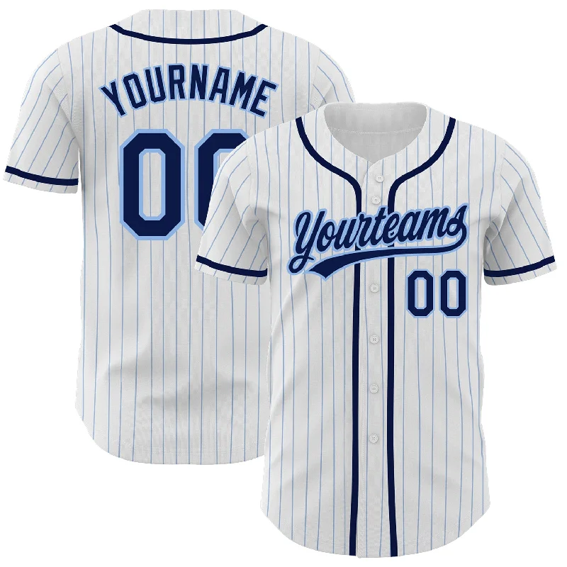 Baseball Jersey for Outdoor and Indoor Games-Custom White Light Blue Pinstripe Navy Authentic Baseball Jersey