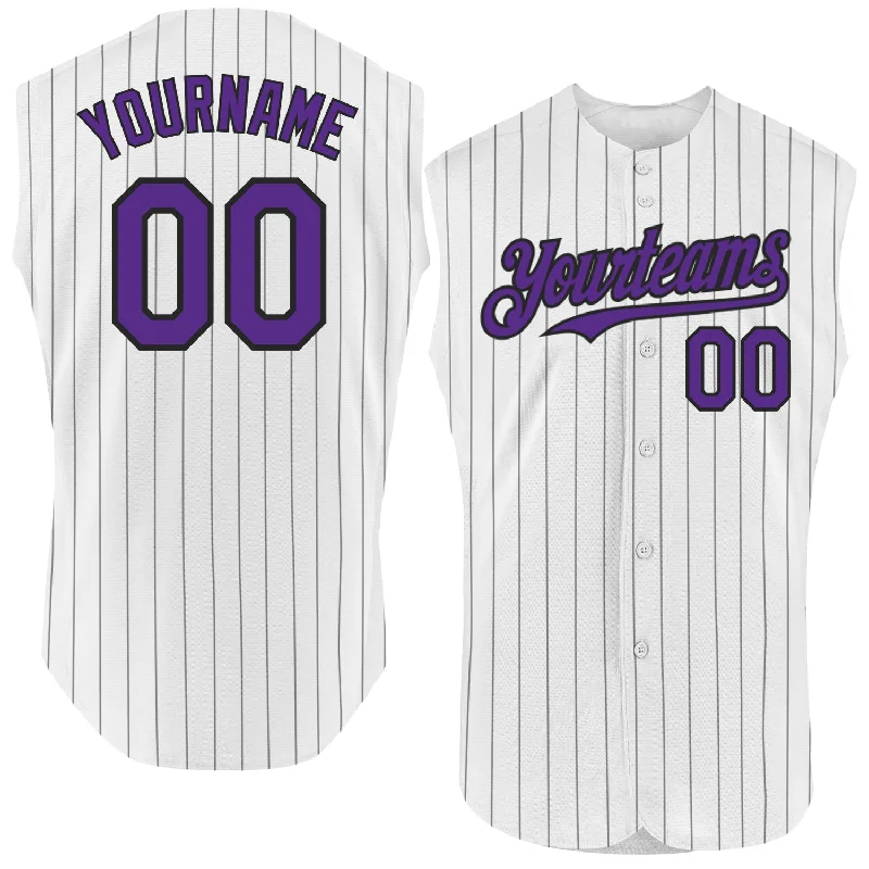 Baseball Jersey for Comfortable Fit During Batting-Custom White Black Pinstripe Purple Authentic Sleeveless Baseball Jersey