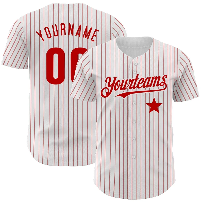 Baseball Jersey for Youth and Professional Athletes-Custom White Red Pinstripe Authentic Red Star Baseball Jersey