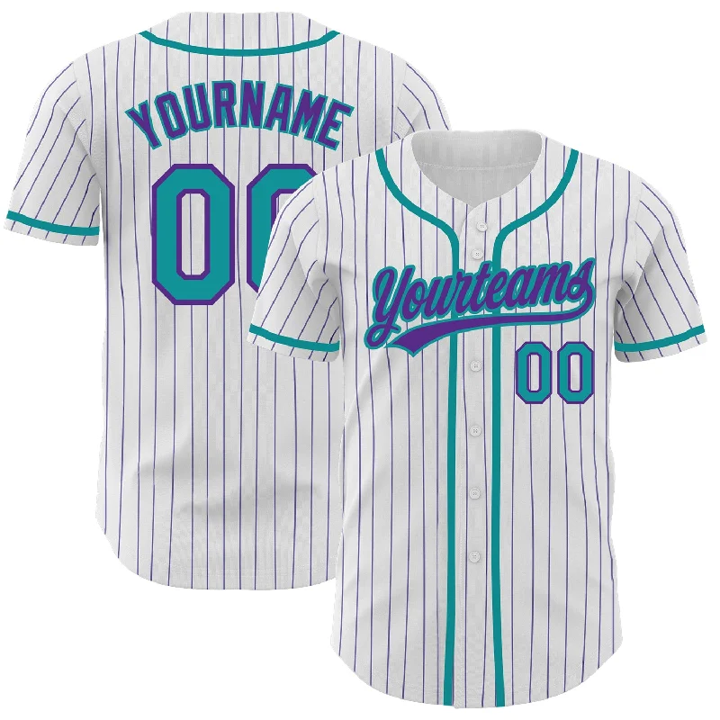 Baseball Jersey for Custom Team Branding-Custom White Purple Pinstripe Teal Authentic Baseball Jersey