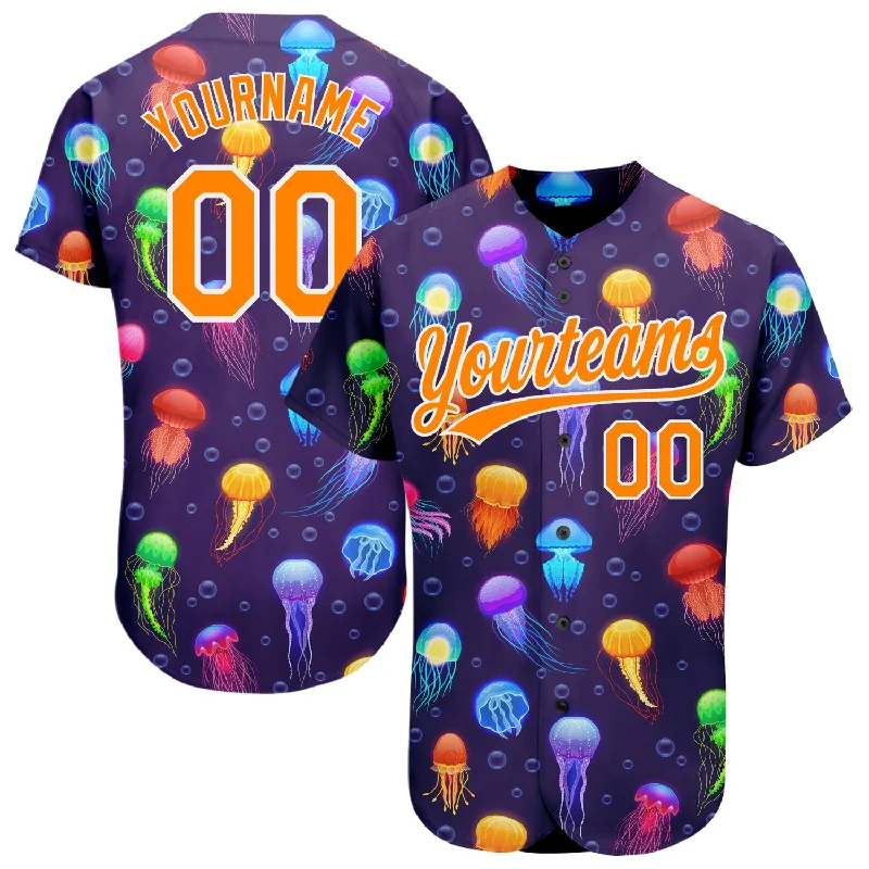 Baseball Jersey for Training and Play Comfort-Custom Purple Bay Orange-White 3D Pattern Design Colorful Cartoon Jellyfish Authentic Baseball Jersey