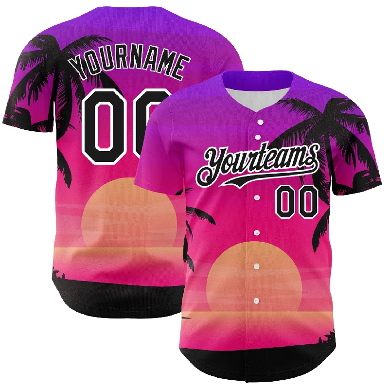 Baseball Jersey for Comfortable Fit for Batting-Custom Purple Black-White 3D Pattern Design Beach Hawaii Palm Trees Authentic Baseball Jersey