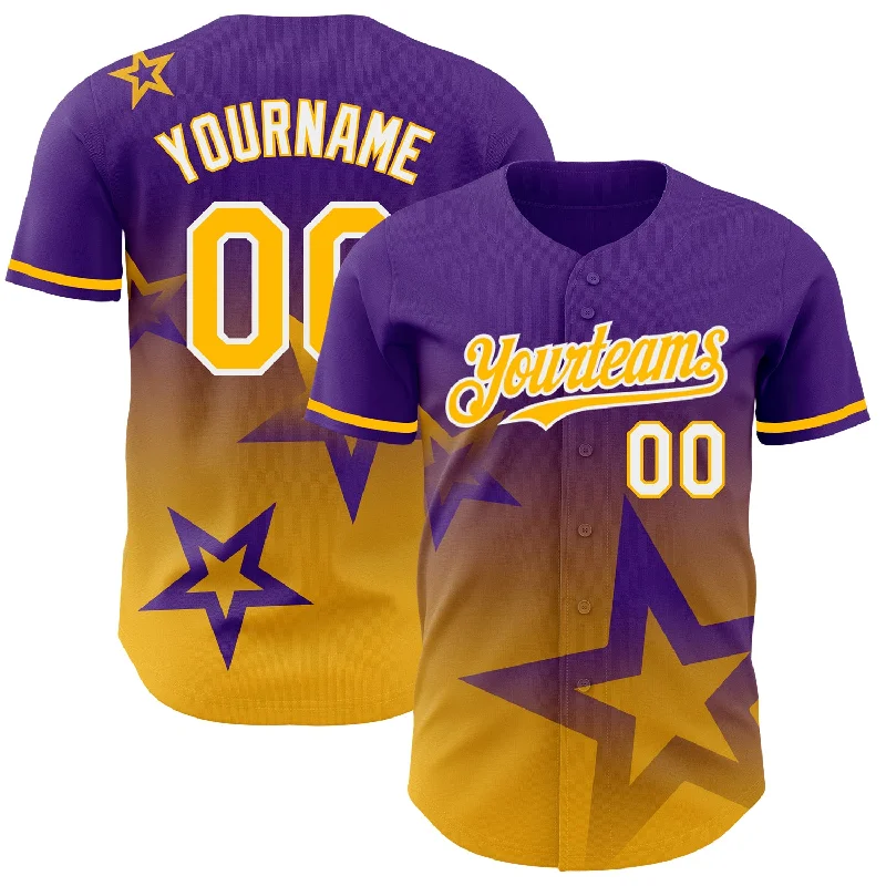 Baseball Jersey for All Ages and Sizes-Custom Purple Gold-White 3D Pattern Design Gradient Style Twinkle Star Authentic Baseball Jersey