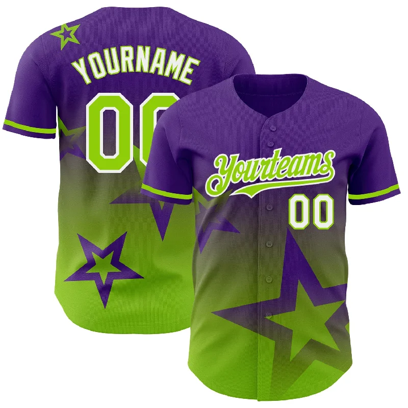 Baseball Jersey for Full Range of Motion-Custom Purple Neon Green-White 3D Pattern Design Gradient Style Twinkle Star Authentic Baseball Jersey