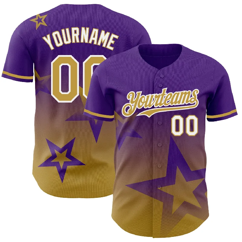 Baseball Jersey for Perfect Fit and Performance-Custom Purple Old Gold-White 3D Pattern Design Gradient Style Twinkle Star Authentic Baseball Jersey