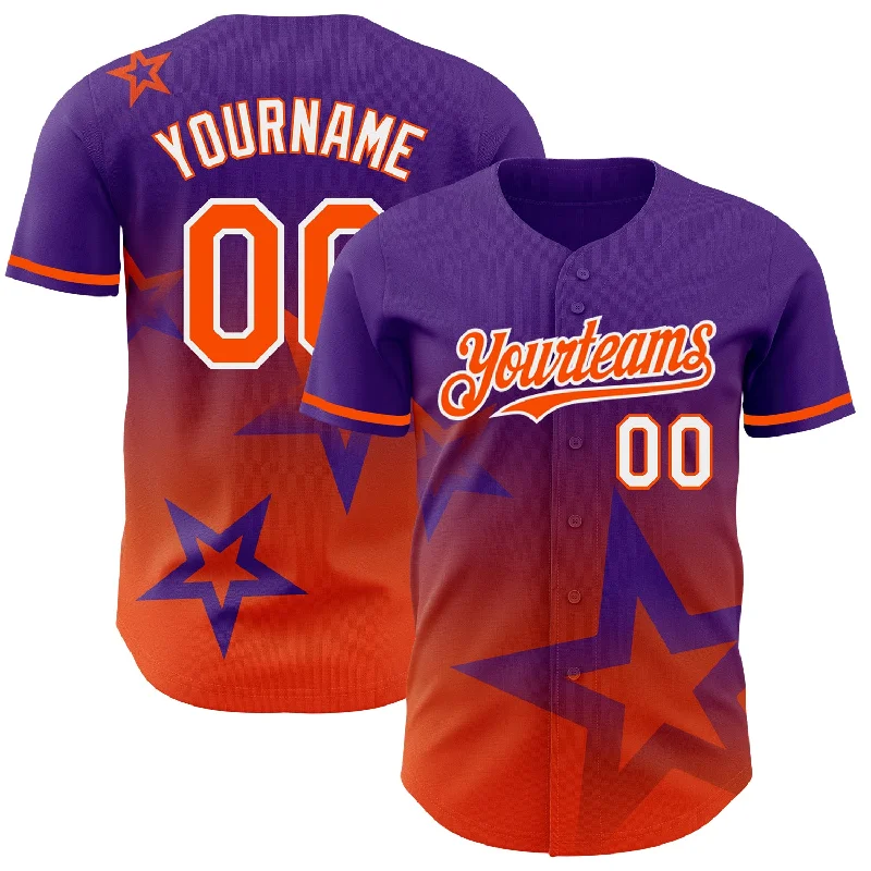 Baseball Jersey for Professional Match Play-Custom Purple Orange-White 3D Pattern Design Gradient Style Twinkle Star Authentic Baseball Jersey